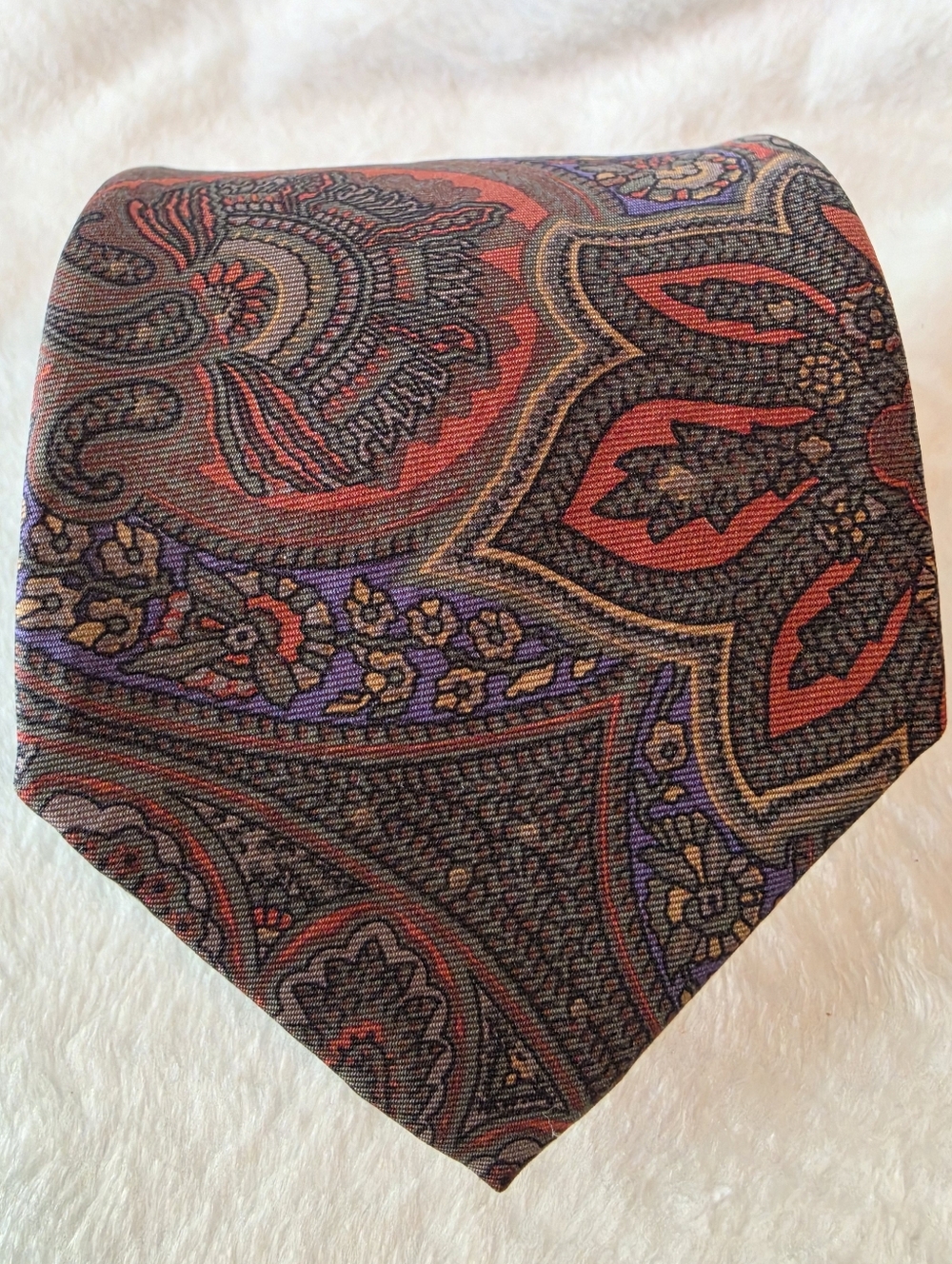 Vintage Rooster Brand Silk Necktie Red Brown Green Blue Paisley Made in USA Tie